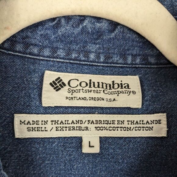 Vintage Columbia Button Up Shirt L Blue Tan Work Workwear 90s Jean Denim Western - Picture 7 of 9